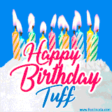 A cheerful animated GIF featuring colorful lit birthday candles on a white cake, with the text 'Happy Birthday Tuff' in bold red and blue script on a bright blue background.