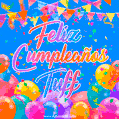 A vibrant animated GIF with 'Feliz Cumpleaños Tuff' written in colorful script, surrounded by balloons, confetti, and bunting on a bright blue background.