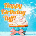 A cheerful animated GIF of a cupcake with creamy frosting, a red checkered ribbon, and a bright sparkler on top. The text 'Happy Birthday Tuff!' is displayed in vibrant orange and red.