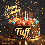 Shimmering animated card featuring a detailed chocolate cake and the name Tuff for his birthday celebration.