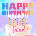 Animated Happy Birthday Cake with Name Turid and Burning Candles