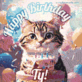 Happy birthday gif for Ty with cat and cake