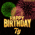Wishing You A Happy Birthday, Ty! Best fireworks GIF animated greeting card.