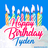 A cheerful animated GIF featuring colorful lit birthday candles on a white cake, with the text 'Happy Birthday Tyden' in bold red and blue script on a bright blue background.