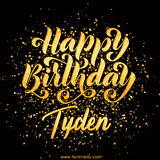 Animated GIF with colorful, festive 'Happy Birthday Tyden' text decorated with patterns, a party hat, and falling confetti. A vibrant and cheerful design for birthday celebrations.