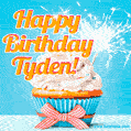 A cheerful animated GIF of a cupcake with creamy frosting, a red checkered ribbon, and a bright sparkler on top. The text 'Happy Birthday Tyden!' is displayed in vibrant orange and red.
