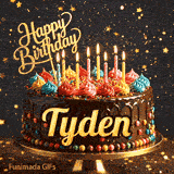 Happy Birthday Tyden animated GIF displaying a chocolate drip cake decorated with multicolored icing and lit candles.