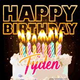 A vibrant animated GIF featuring a delicious birthday cake topped with glowing candles and the name 'Tyden' in elegant script, and the words 'Happy Birthday' on the black background.