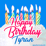 A cheerful animated GIF featuring colorful lit birthday candles on a white cake, with the text 'Happy Birthday Tyran' in bold red and blue script on a bright blue background.