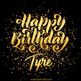 Animated GIF with colorful, festive 'Happy Birthday Tyre' text decorated with patterns, a party hat, and falling confetti. A vibrant and cheerful design for birthday celebrations.