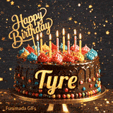 Shimmering animated card featuring a detailed chocolate cake and the name Tyre for his birthday celebration.