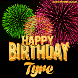A captivating GIF with bursts of green, pink, and orange fireworks lighting up the night sky, accompanied by 'Happy Birthday Tyre' in glowing golden text.