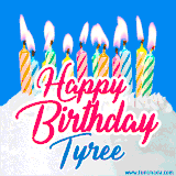 A cheerful animated GIF featuring colorful lit birthday candles on a white cake, with the text 'Happy Birthday Tyree' in bold red and blue script on a bright blue background.