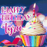 A festive animated GIF featuring a colorful cupcake with a single lit candle, sprinkles, and 'Happy Birthday Tyree' text against a sparkling, celebratory background.