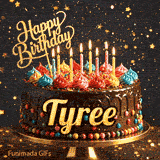Multi-colored dollops of frosting and burning birthday candles on a chocolate glaze cake, custom-designed for Tyree.
