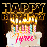 A vibrant animated GIF featuring a delicious birthday cake topped with glowing candles and the name 'Tyree' in elegant script, and the words 'Happy Birthday' on the black background.