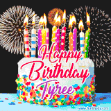 A lively happy birthday animated GIF showcasing a colorful birthday cake covered in sprinkles, topped with glowing candles, and surrounded by vibrant fireworks. The name 'Tyree' is featured in elegant script.