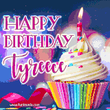 A festive animated GIF featuring a colorful cupcake with a single lit candle, sprinkles, and 'Happy Birthday Tyreece' text against a sparkling, celebratory background.