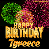 A captivating GIF with bursts of green, pink, and orange fireworks lighting up the night sky, accompanied by 'Happy Birthday Tyreece' in glowing golden text.
