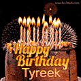 A rich chocolate cake topped with glowing birthday candles and surrounded by bright fireworks. The animated GIF displays the message 'Happy Birthday Tyreek' in golden text.