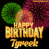 A captivating GIF with bursts of green, pink, and orange fireworks lighting up the night sky, accompanied by 'Happy Birthday Tyreek' in glowing golden text.