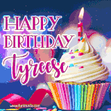 A festive animated GIF featuring a colorful cupcake with a single lit candle, sprinkles, and 'Happy Birthday Tyreese' text against a sparkling, celebratory background.