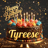 Custom birthday ecard for Tyreese showing a gourmet chocolate cake on a dark background with golden star sparkles.
