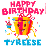 A funny animated birthday GIF with the words 'Happy Birthday Tyreesea', colorful gift box with arms and legs, holding a cupcake with a lit candle  with confetti everywhere.