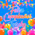 A vibrant animated GIF with 'Feliz Cumpleaños Tyreke' written in colorful script, surrounded by balloons, confetti, and bunting on a bright blue background.