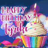 A festive animated GIF featuring a colorful cupcake with a single lit candle, sprinkles, and 'Happy Birthday Tyreke' text against a sparkling, celebratory background.
