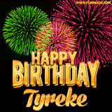 A captivating GIF with bursts of green, pink, and orange fireworks lighting up the night sky, accompanied by 'Happy Birthday Tyreke' in glowing golden text.