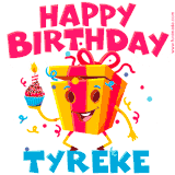 A funny animated birthday GIF with the words 'Happy Birthday Tyrekea', colorful gift box with arms and legs, holding a cupcake with a lit candle  with confetti everywhere.