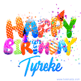 Animated GIF with colorful, festive 'Happy Birthday Tyreke' text decorated with patterns, a party hat, and falling confetti. A vibrant and cheerful design for birthday celebrations.