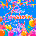A vibrant animated GIF with 'Feliz Cumpleaños Tyrel' written in colorful script, surrounded by balloons, confetti, and bunting on a bright blue background.