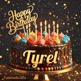 Gold Happy Birthday topper and bright burning candles on a chocolate frosted cake with the name Tyrel.