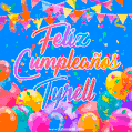 A vibrant animated GIF with 'Feliz Cumpleaños Tyrell' written in colorful script, surrounded by balloons, confetti, and bunting on a bright blue background.