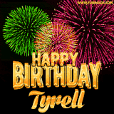 A captivating GIF with bursts of green, pink, and orange fireworks lighting up the night sky, accompanied by 'Happy Birthday Tyrell' in glowing golden text.