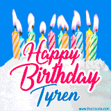 A cheerful animated GIF featuring colorful lit birthday candles on a white cake, with the text 'Happy Birthday Tyren' in bold red and blue script on a bright blue background.