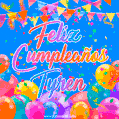 A vibrant animated GIF with 'Feliz Cumpleaños Tyren' written in colorful script, surrounded by balloons, confetti, and bunting on a bright blue background.