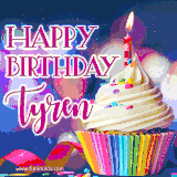 A festive animated GIF featuring a colorful cupcake with a single lit candle, sprinkles, and 'Happy Birthday Tyren' text against a sparkling, celebratory background.