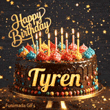 Close-up of a chocolate birthday cake with multicolored frosting swirls and colorful candy beads around the gold base. Greeting text with name Tyren