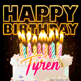 A vibrant animated GIF featuring a delicious birthday cake topped with glowing candles and the name 'Tyren' in elegant script, and the words 'Happy Birthday' on the black background.
