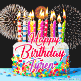 A lively happy birthday animated GIF showcasing a colorful birthday cake covered in sprinkles, topped with glowing candles, and surrounded by vibrant fireworks. The name 'Tyren' is featured in elegant script.