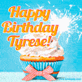 A cheerful animated GIF of a cupcake with creamy frosting, a red checkered ribbon, and a bright sparkler on top. The text 'Happy Birthday Tyrese!' is displayed in vibrant orange and red.