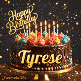 Happy Birthday Tyrese animated image showcasing a decorated chocolate cake on a pedestal with glowing candles.