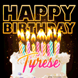 A vibrant animated GIF featuring a delicious birthday cake topped with glowing candles and the name 'Tyrese' in elegant script, and the words 'Happy Birthday' on the black background.