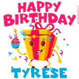 A funny animated birthday GIF with the words 'Happy Birthday Tyresea', colorful gift box with arms and legs, holding a cupcake with a lit candle  with confetti everywhere.