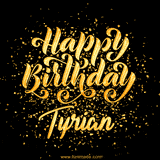 Animated GIF with colorful, festive 'Happy Birthday Tyrian' text decorated with patterns, a party hat, and falling confetti. A vibrant and cheerful design for birthday celebrations.