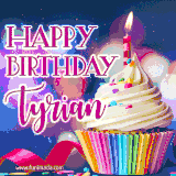 A festive animated GIF featuring a colorful cupcake with a single lit candle, sprinkles, and 'Happy Birthday Tyrian' text against a sparkling, celebratory background.