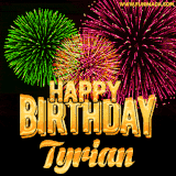 A captivating GIF with bursts of green, pink, and orange fireworks lighting up the night sky, accompanied by 'Happy Birthday Tyrian' in glowing golden text.